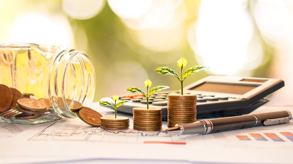 Planter vokser på penger og kalkulator
